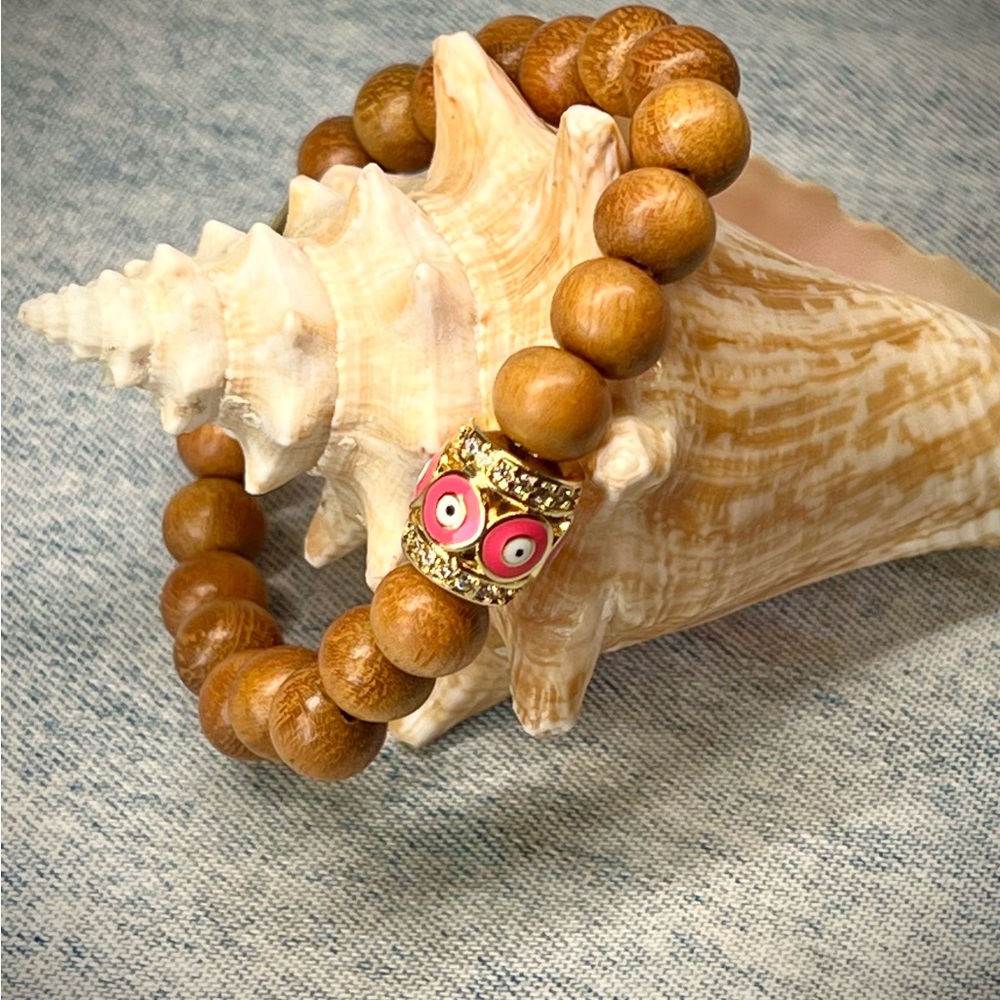 Chunky wood and gold filled pink evil eye 🧿 bracelet